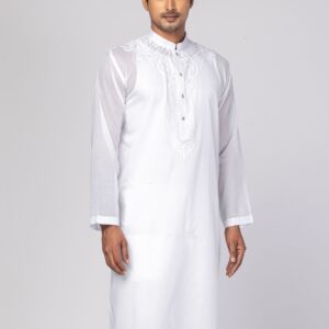 White Textured and Embroidered Cotton Panjabi