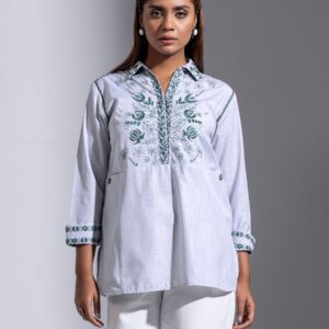 Light Grey Embroidered Cotton Taaga Work Wear Top