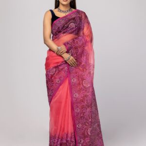 Watermelon Pink Printed and Embroidered Muslin Saree