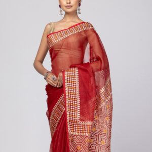 Red Printed and Embroidered Muslin Saree