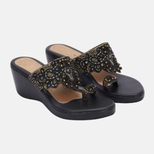 Black Embroidered Wedge Faux Genuine Leather Heel Sandals